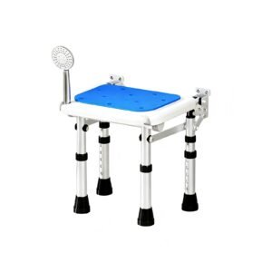 Four-leg Wall-mounted Folding Shower Chair with Adjustable Height featuring four leg folding shower seat; suited to home bathrooms