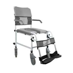 Four-in-one Aluminum Mobile Commode and Shower Chair featuring manual wheelchair and folding wheelchair; suited to older adults