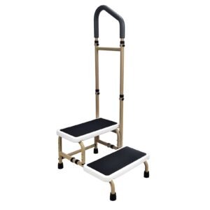 Wood-grain Aluminum Two-step Stool with Handrail featuring medical step stool and bedside step stool; suited to bedside access