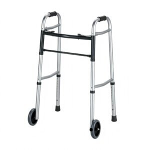 Double-button Folding Aluminum Walker with 3- or 5-inch Wheels featuring double button wheeled walker; suited to narrow indoor movement with 3-inch. | Lightweight walker with wheels view of Double-button Folding Aluminum Walker with 3- or 5-inch Wheels