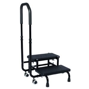 Mobile Two-step Stool with Adjustable Handrail featuring medical step stool and elderly step aid; suited to bedside access