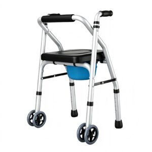 Folding Multifunction Commode Walker with Flip-up Seat featuring flip up waterproof seat aid; suited to home toileting