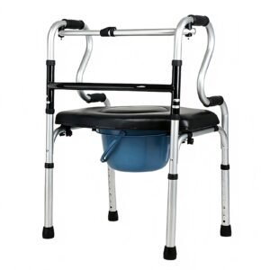Folding Walker with Commode and Flip-up Seat featuring folding toilet walking aid; suited to supported home walking