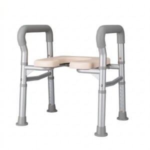Commode with Grab Bars featuring aluminum commode chair and height adjustable commode chair; suited to suitable for age-friendly home renovations. | Heavy duty commode chair view of Commode with Grab Bars