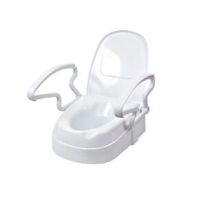 Tool-free Raised Toilet Seat with Anti-slip Standing Armrests featuring raised toilet seat with arms; suited to home bathrooms