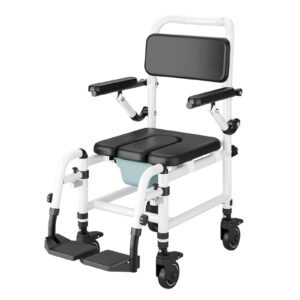 Flip-up Armrest Portable Commode Chair featuring rolling shower chair commode; suited to suitable for lateral bedside transfers. | Rolling shower chair commode view of Flip-up Armrest Portable Commode Chair