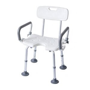 135 kg Shower Chair with Flip-up Armrests and Large U-shaped Seat featuring shower chair with flip up arms; suited to Key functions and design features. | Aluminum shower chair view of 135 kg Shower Chair with Flip-up Armrests and Large U-shaped Seat