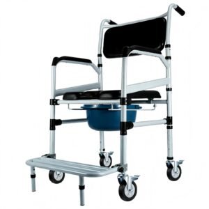 Folding Lightweight Portable Commode featuring aluminum commode chair; suited to suitable beside a bed