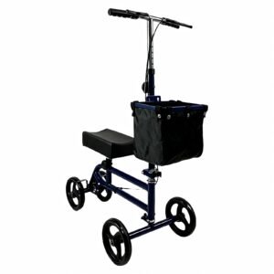 Steel Four-wheel Knee Walker with Oxford Shopping Basket featuring oxford basket knee scooter; suited to designed for users with one injured lower.