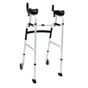 100 kg Folding Forearm-support Walker with Seat and 5-inch Wheels featuring 100 kg forearm support walker; suited to Key functions and design features. | Four Legged Walker with Armrests and Pulleys view of 100 kg Folding Forearm-support Walker with Seat and 5-inch Wheels