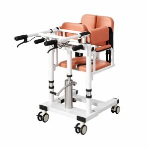 Hydraulic Embrace-support Patient Transfer and Commode Chair featuring hydraulic embrace patient lift; suited to supervised transfer between bed