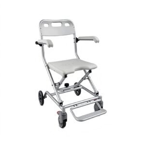100 kg Aluminum Shower Chair – Fixed or Folding Wheeled Version featuring shower chair with wheels; suited to Key functions and design features include. | Shower chair with back view of 100 kg Aluminum Shower Chair – Fixed or Folding Wheeled Version
