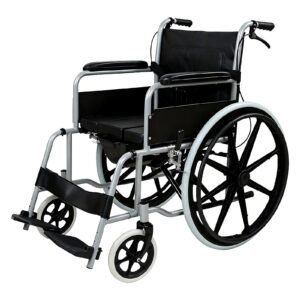 Reinforced Four-brake Commode Wheelchair featuring manual wheelchair and folding wheelchair; suited to larger users within the 100 kg rated limit.