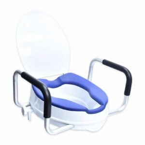 Toilet Riser with Lid featuring aluminum commode chair and height adjustable commode chair; suited to suitable for orthopedic postoperative. | Height adjustable commode chair view of Toilet Riser with Lid