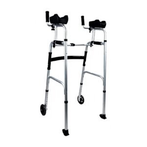 Folding Four-leg Forearm-support Walker with Wheels featuring adjustable 105 120 cm mobility aid; suited to supported rising and daily movement at home. | Quad Walker with Arm Support and Wheels view of Folding Four-leg Forearm-support Walker with Wheels