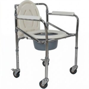 Wheeled Commode Chair featuring commode chair over toilet and commode chair steel; suited to suitable for nighttime bedroom transfers. | Drop arm commode chair view of Wheeled Commode Chair