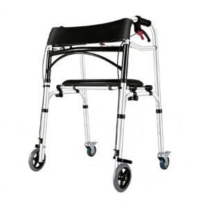 Folding Hand-brake Wheeled Walker with Flip-up Seat Options featuring flip up waterproof seat aid; suited to static rehabilitation